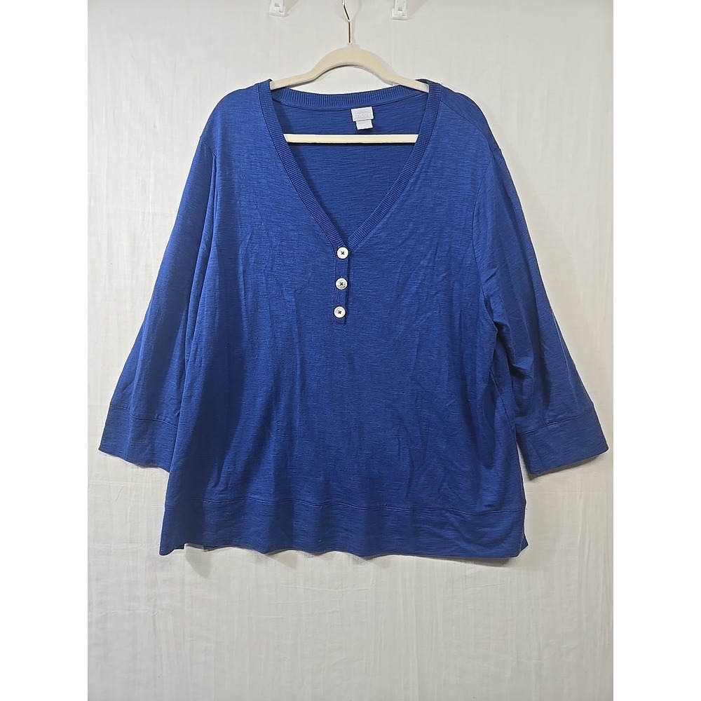 Chico's Womens Sz 4 XXL Solid Blue Top Cotton Modal Henley V‎ Neckline Button